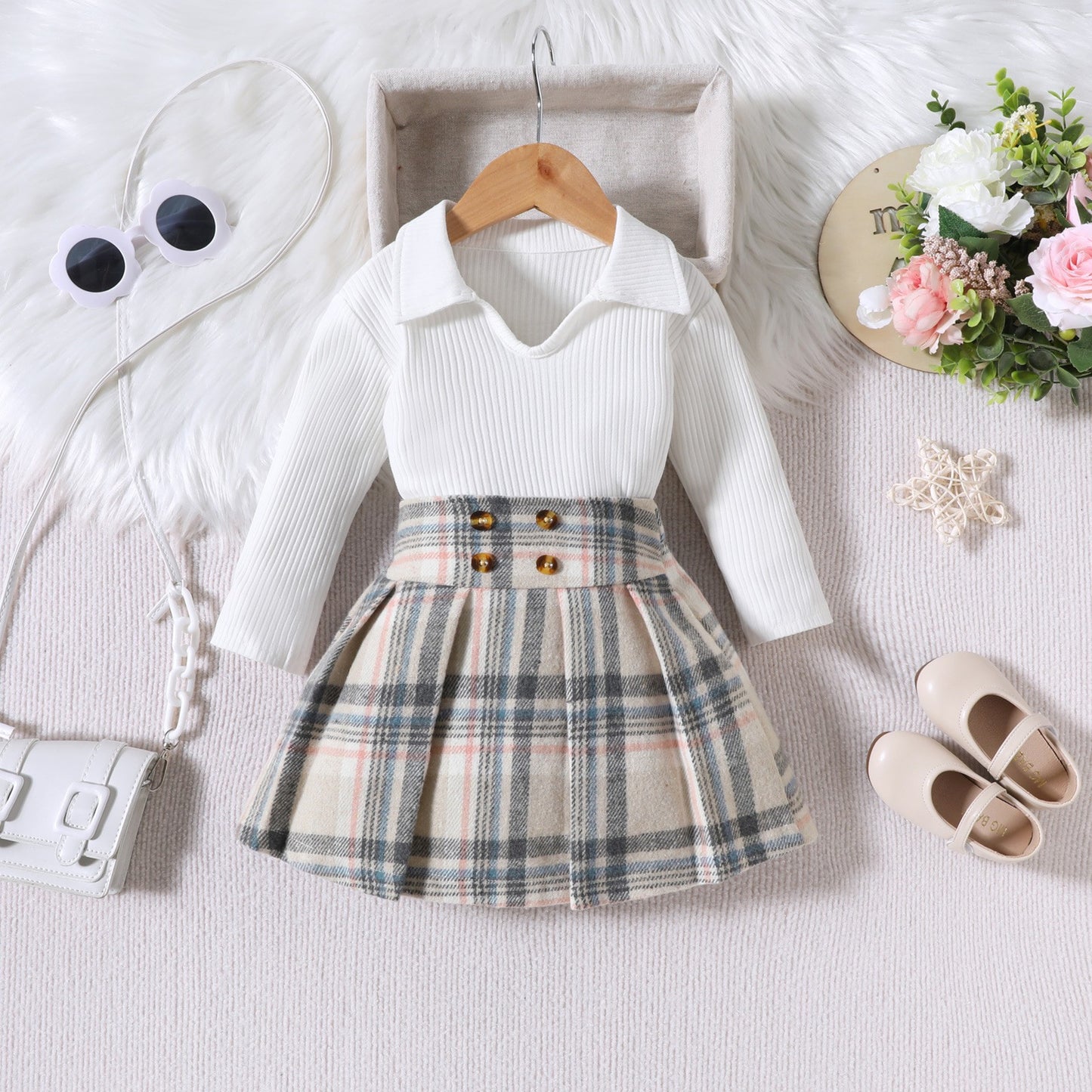 Children's Striped Long Sleeve With College Style Plaid Pleated Short Skirt 2pc Suit