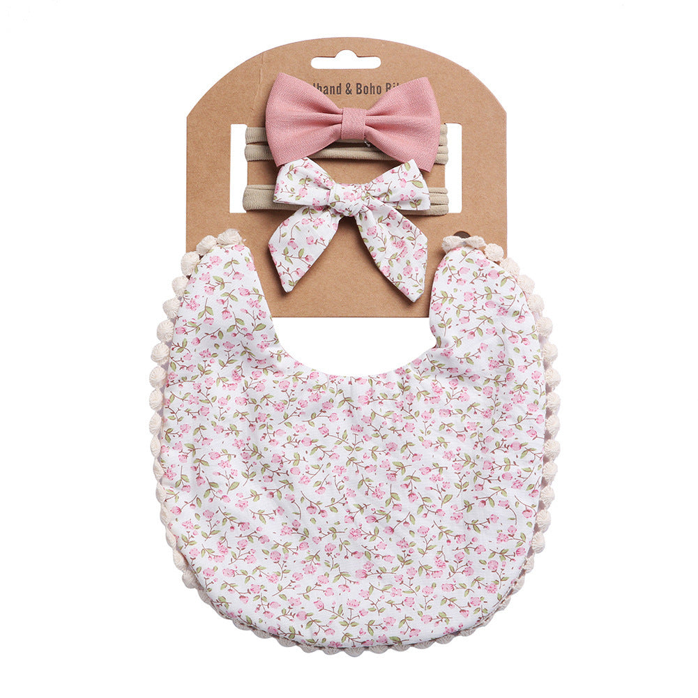 Newborn Baby Cute Floral Cotton Saliva Bib With Headband Set