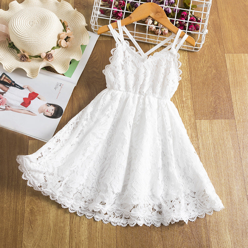 Girls' Embroidered Skirt Lace Dress With Straps