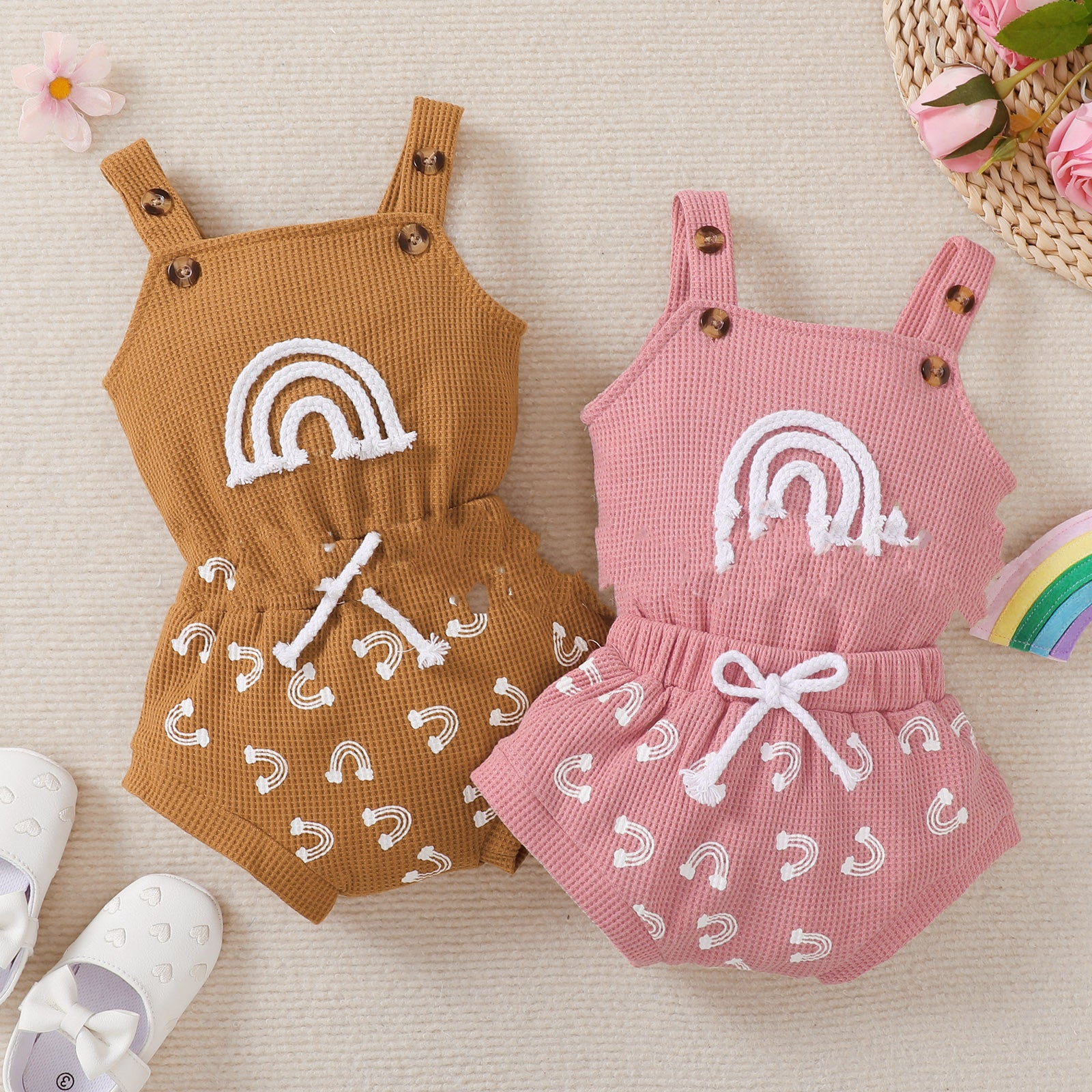 Children's Girl Clothing 2pc Set, Baby Toddler Sleeveless Waffle Print Onesie & Short's Set.