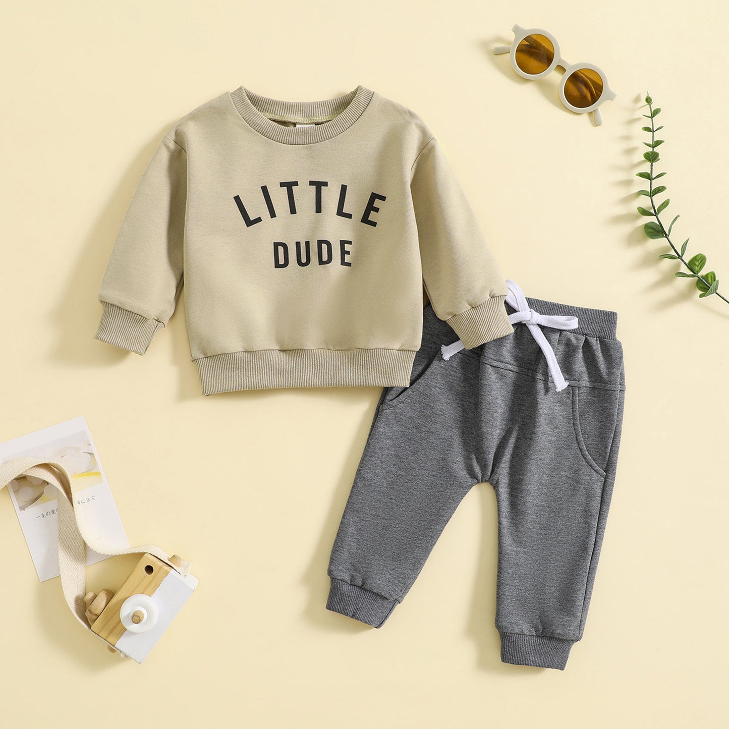 Printed "Little Dude" Top Solid Color Pants 2pc Set