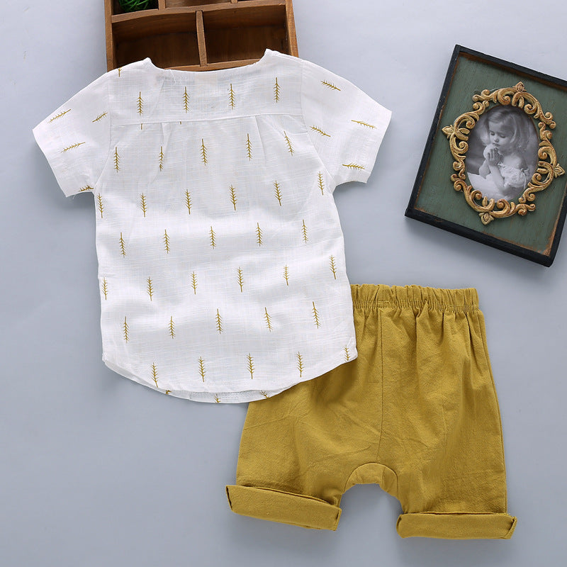 Boys' Casual Printed Cotton Linen Short Sleeved Pants Set