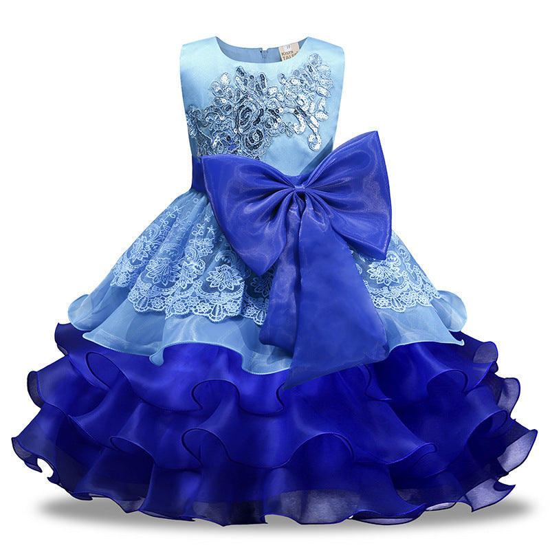 Girls' Sequined Dress With Large Bow & Ruffled Skirt