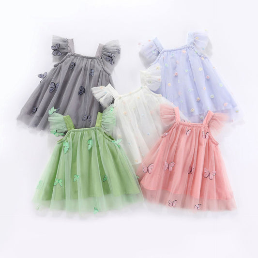 Flounced Sleeve Mesh Children Sling Dress, Multiple Colors Available