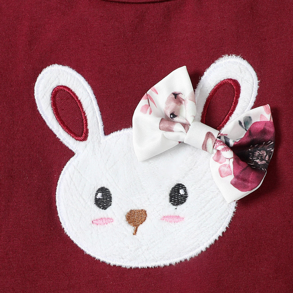 Rabbit Embroidered Flounced Sleeve Onesie Top Rabbit Printed Shorts with Headband 3pc Set