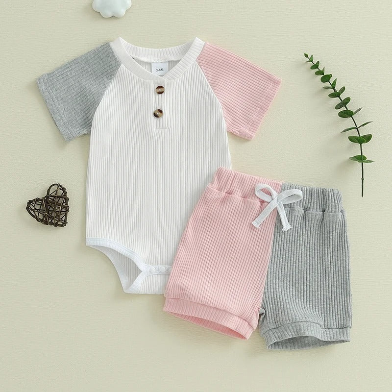 Girls' Summer Rib Fabric Color Matching Short Sleeve 2pc Set