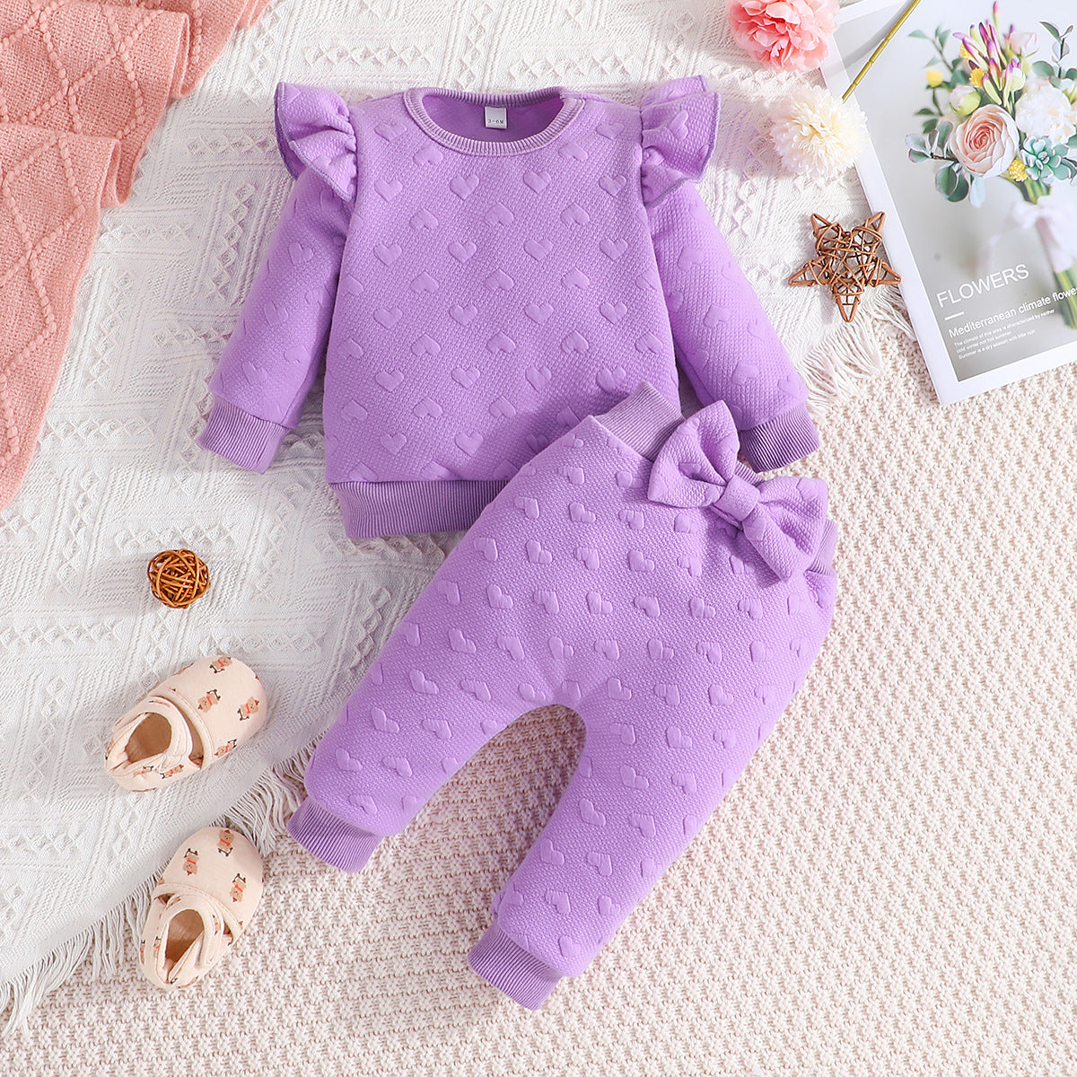 Baby Girl Long-sleeved Top Bow Pants Two-piece Set