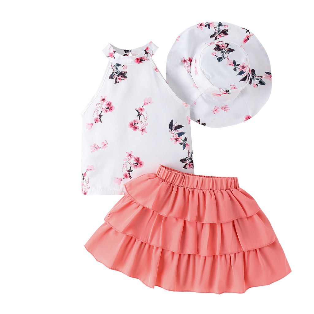 Printed Halter Top Cake Skirt With Hat Suit