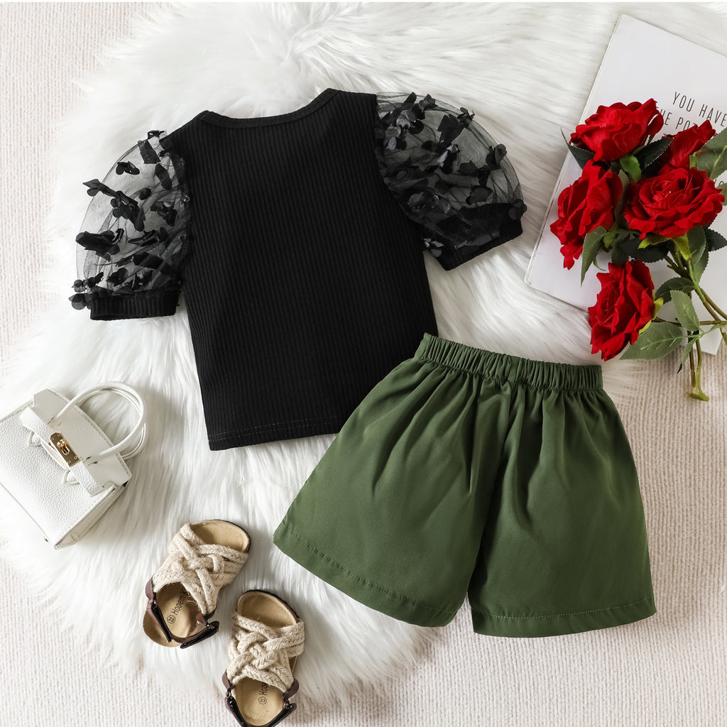 Girls' Summer Mesh Petals Short Sleeve Top & Shorts Set
