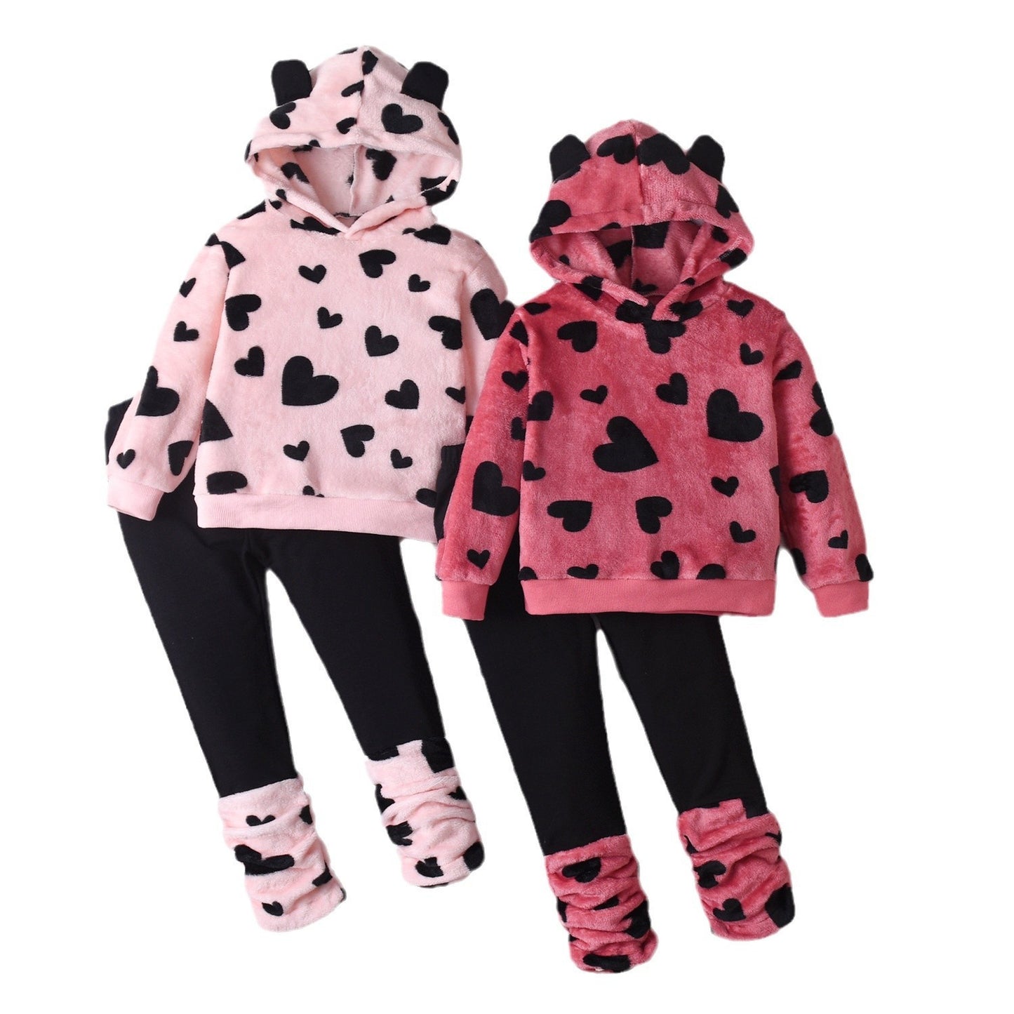 Love Heart Hooded Fleece Casual Long Sleeve Pants Suit 4-piece Set