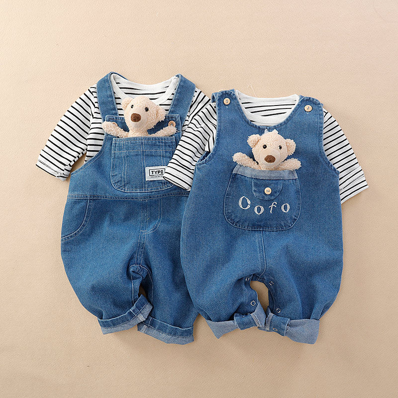 Fashionable Baby Jeans Romper With Striped Short Sleeves Shirt  2pc Outfit