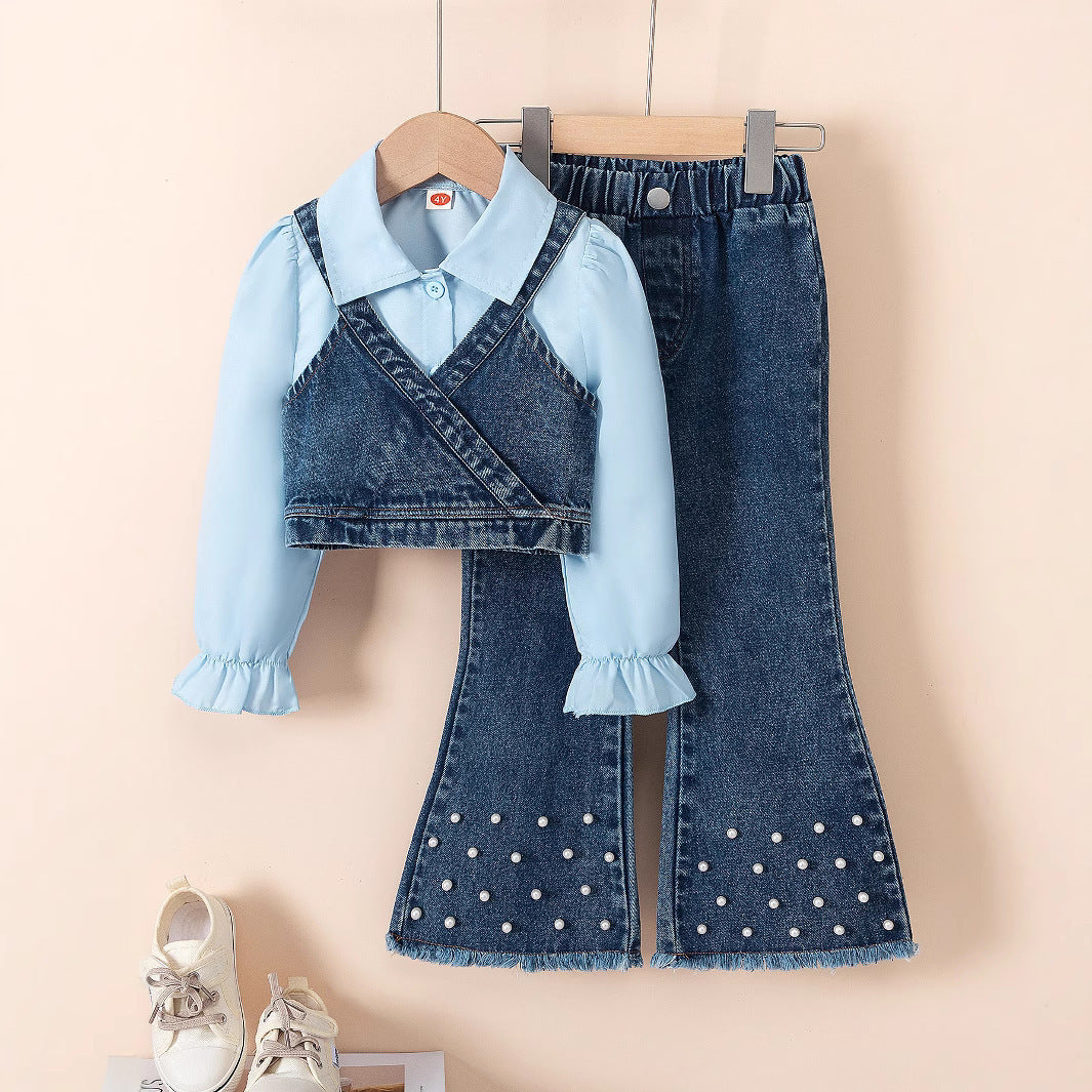 Girls' Lapel Shirt Denim Bell-bottom Pants Three-piece Suit