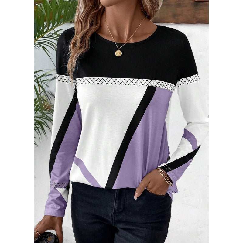 Pullover Round Neck Contrast Colour Stitching Geometric Print Top