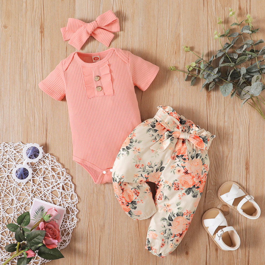Baby Sunken Stripe Short Sleeve Onesie With Printed Pants & Headband 3pc Set