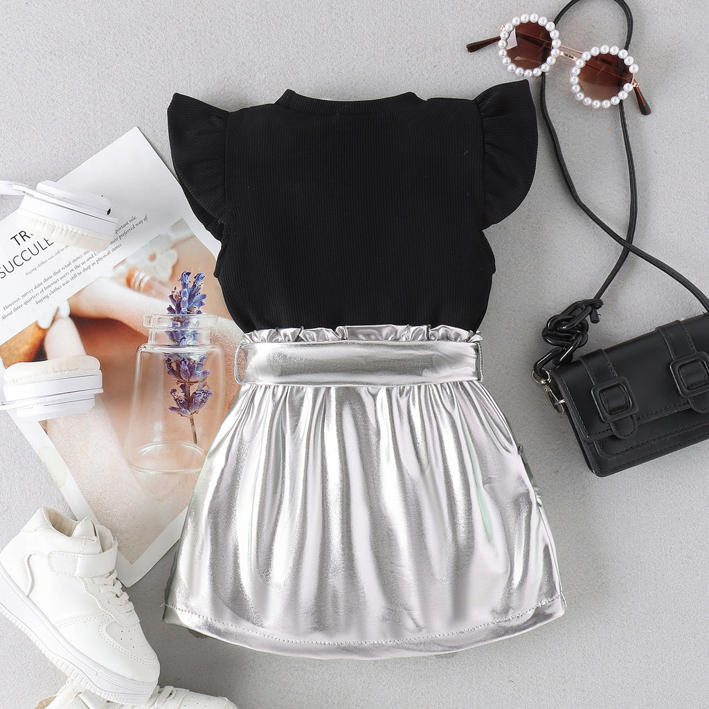 Girls' Summer Black Top Silver Skirt With Belt 2pc Set