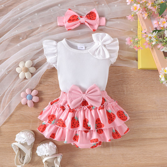 Baby Flutter-sleeve Romper Printed Shorts Set