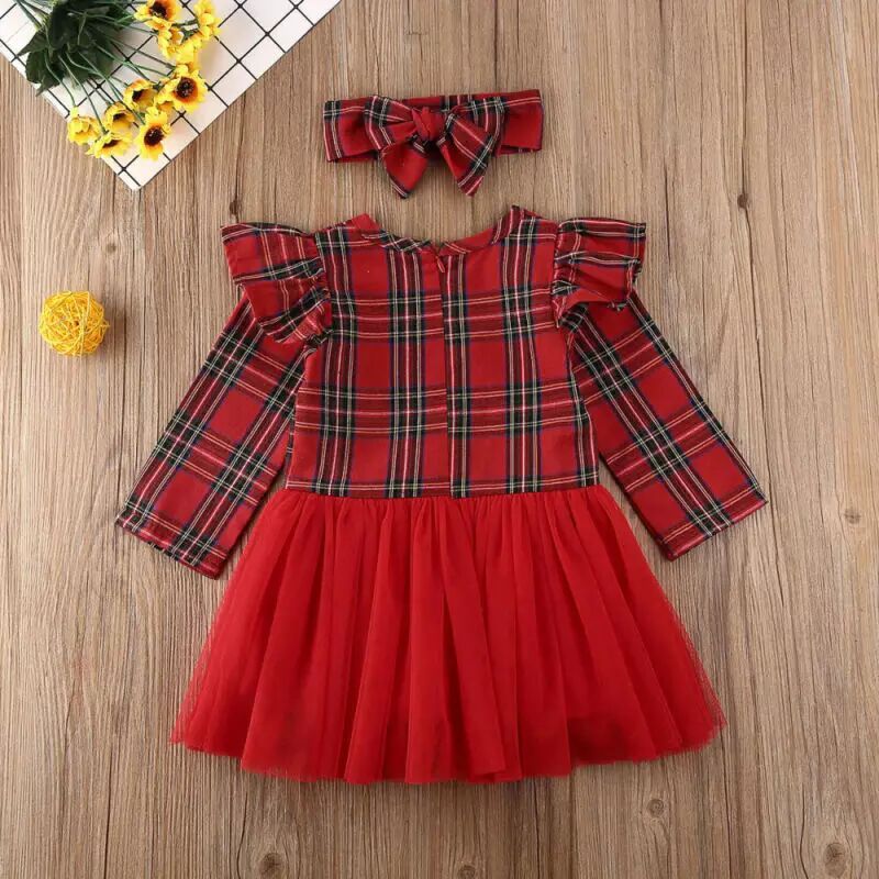Christmas Toddler Baby Girl Plaid Princess Party Tulle Dress