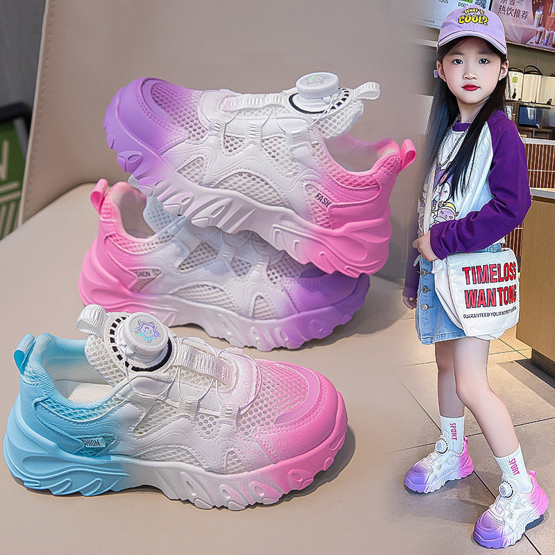 Rotating Button Mesh Breathable Girls' Sneakers