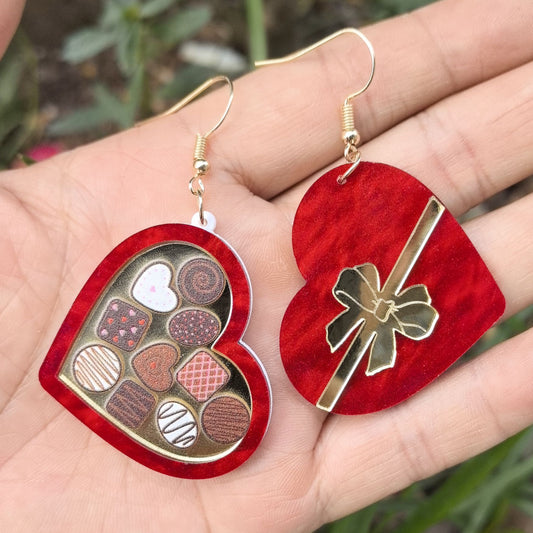 Women's Valentine's Day Red Gift Box Heart Earrings