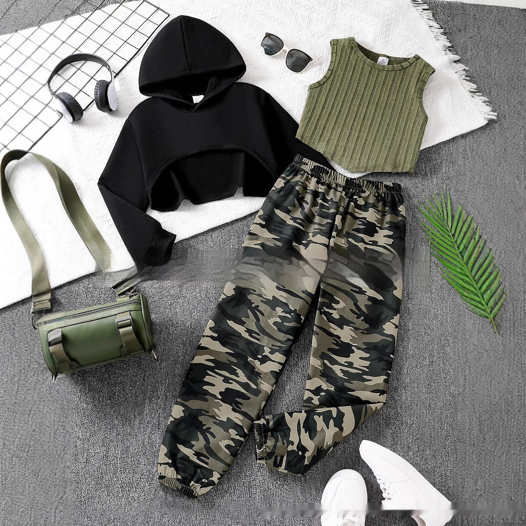Girls' Cropped Hoodie Rib Vest Camouflage Full Printed Sweatpants Three-piece Set