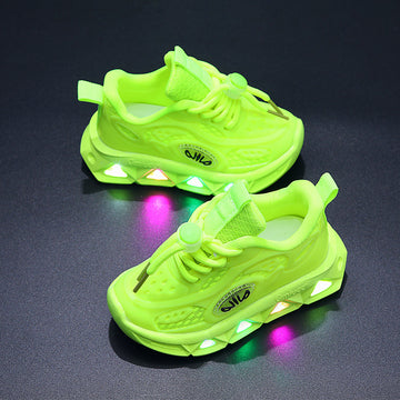 Neon green sneakers with LED lights on a dark background