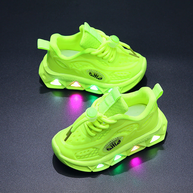 Neon green sneakers with LED lights on a dark background