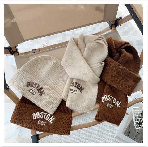 Children's Hat Scarf 2-piece Set Embroidered Letters Pure Color All-matching Autumn And Winter Warm