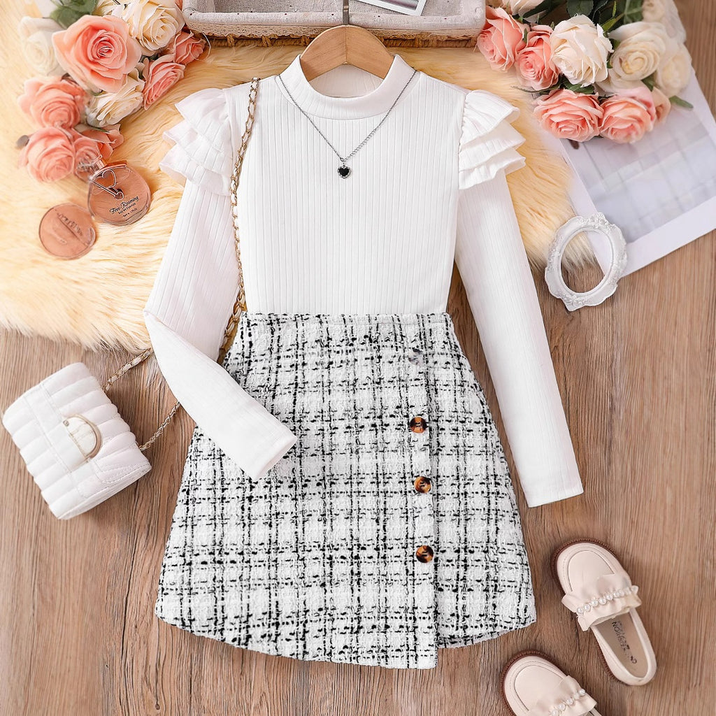 Girls' Long-sleeve Knitted Asymmetrical Skirt Set