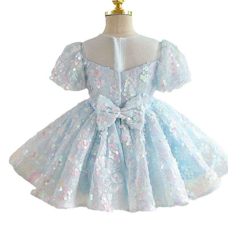 Girls Blue Sequins New Puff Sleeve Umbrella Princess Dress