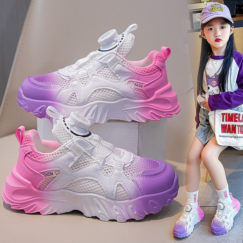 Rotating Button Mesh Breathable Girls' Sneakers