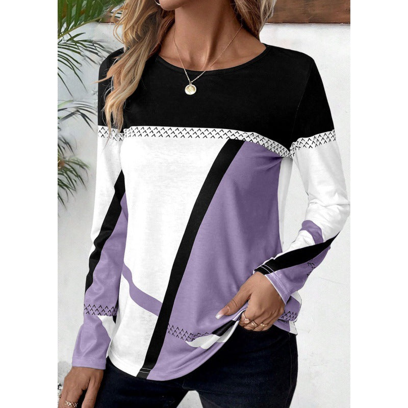 Pullover Round Neck Contrast Colour Stitching Geometric Print Top