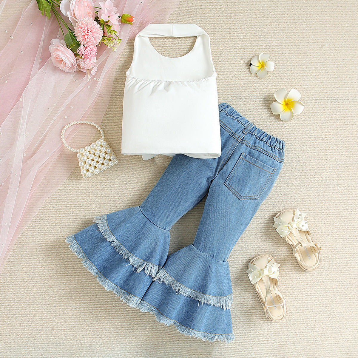 Girls' White Top With Denim Flared Pants Set