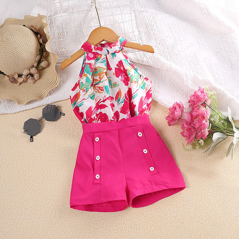 Girl's Summer Printed Halter Top & Shorts Set