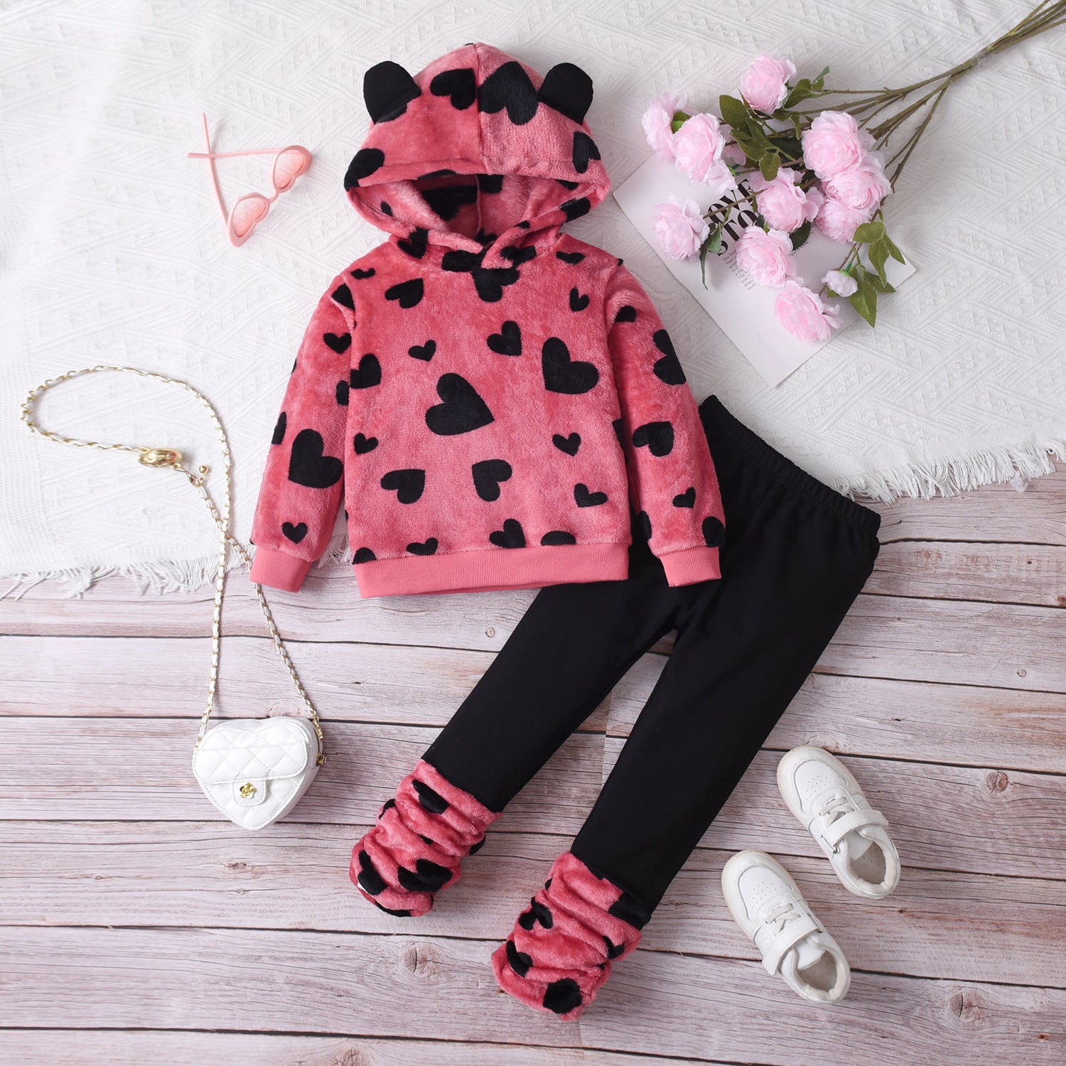 Heart Hooded Fleece Casual Long Sleeve Pants Suit 4-piece Set