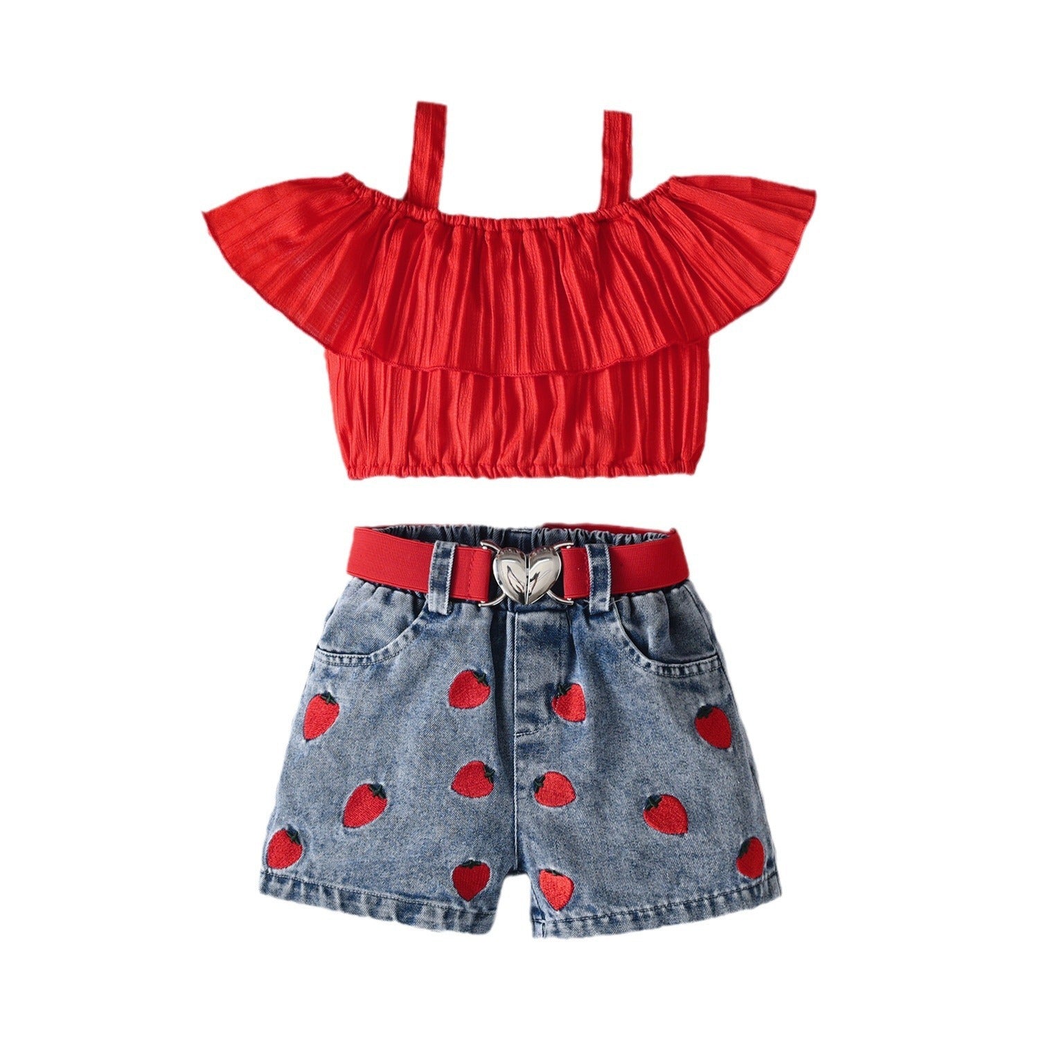 Girls' Off-Shoulder Top & Denim Shorts Set