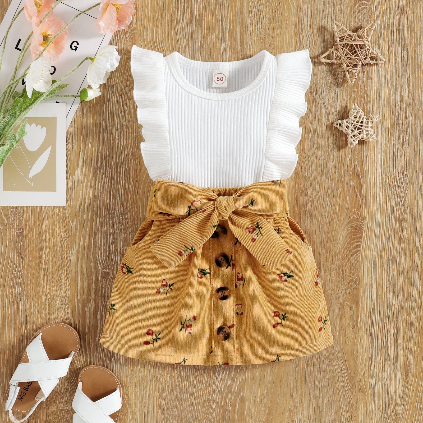 Pit Stripe Flare Sleeveless Floral Corduroy Skirt 2pc Set