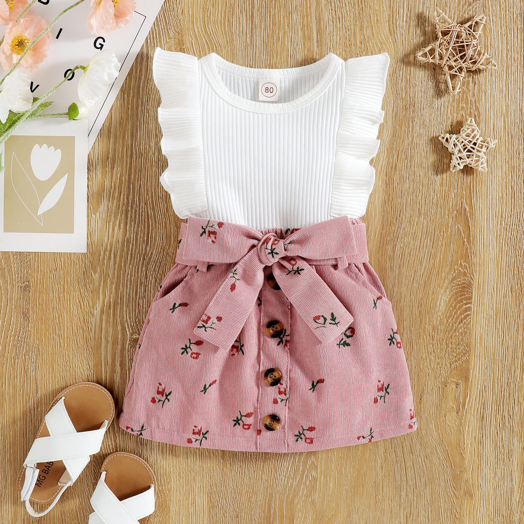Pit Stripe Flare Sleeveless Floral Corduroy Skirt 2pc Set