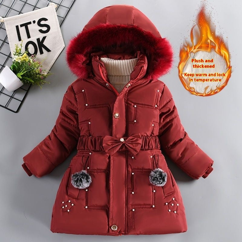 Girls' Winter Fleece-lined Coat, Thickened Cotton Jacket
