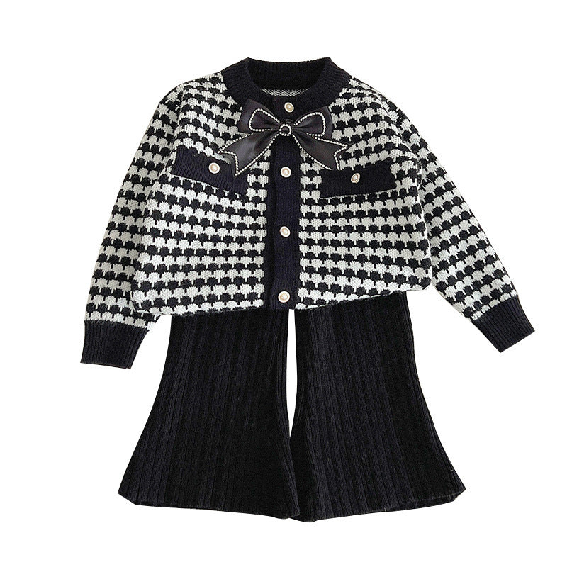 Girls' Wool Bowknot Chanel Style Sweater & Black Pants