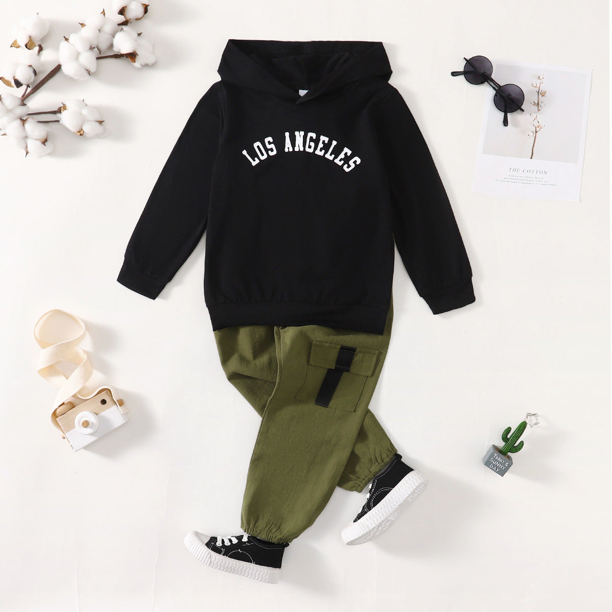 Boys' Printed Long-sleeved Top Solid Color Trousers Two-piece Set