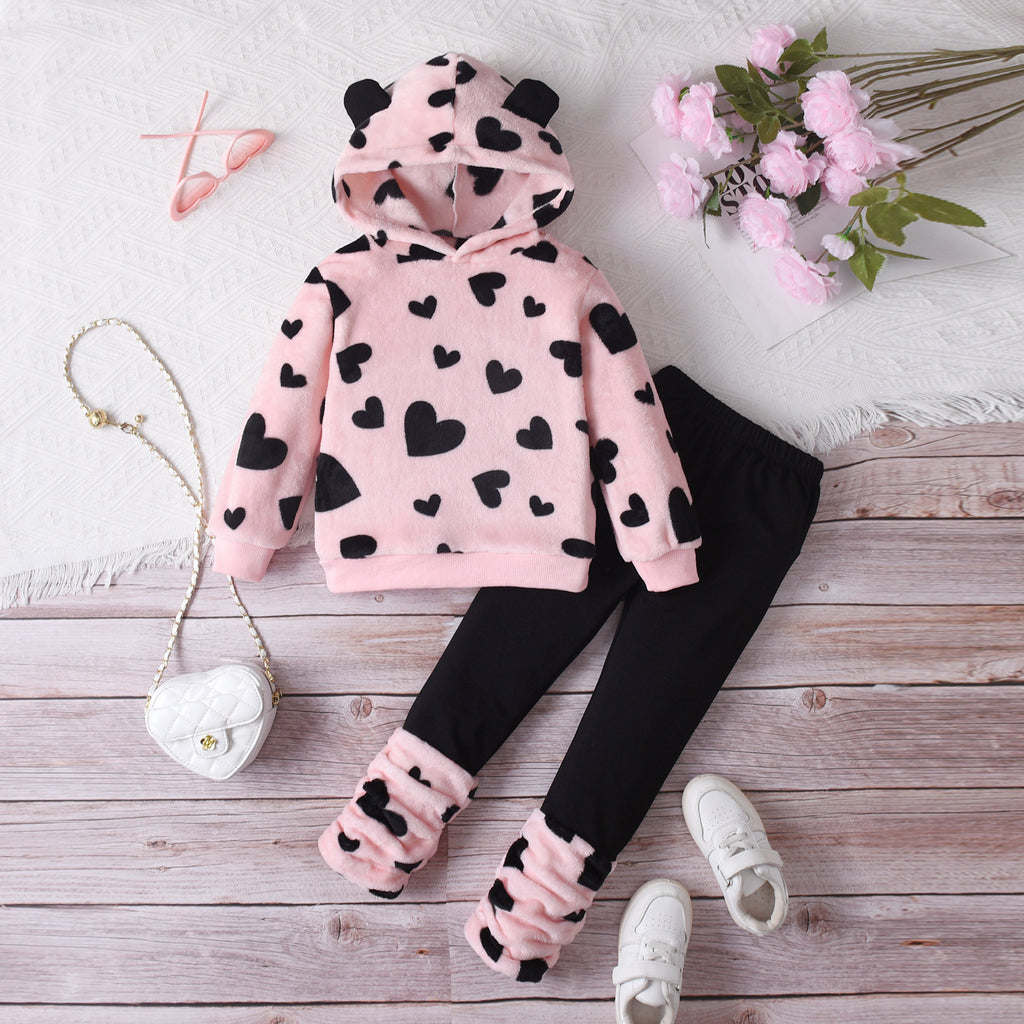 Heart Hooded Fleece Casual Long Sleeve Pants Suit 4-piece Set