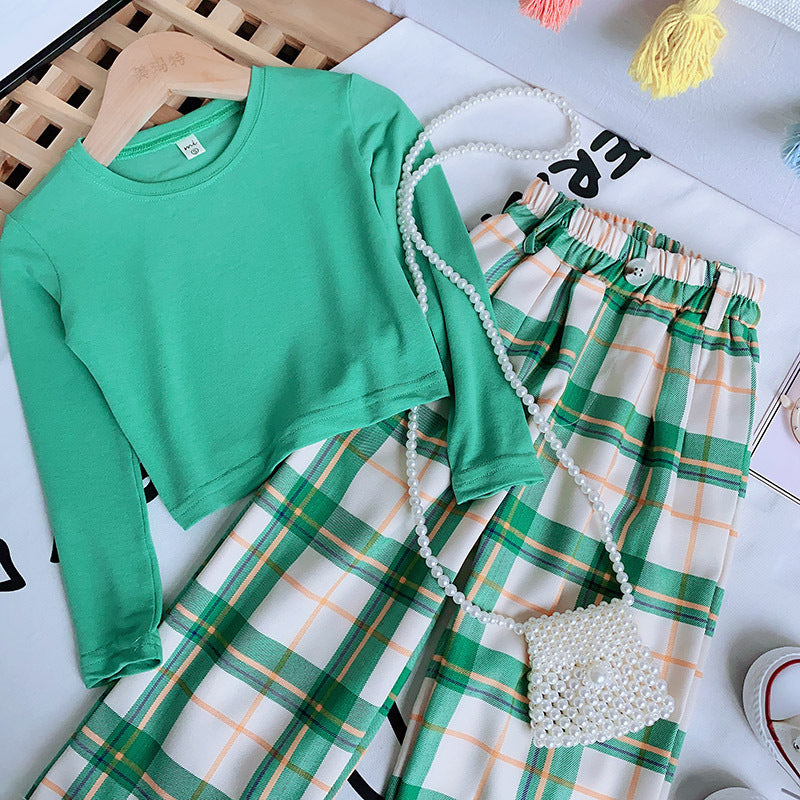 Fashion Girls Top Plaid Wide Leg Pants Set
