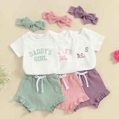 Girls' Letter Print Short-sleeve Onesie Shorts Headboard 3pc Set