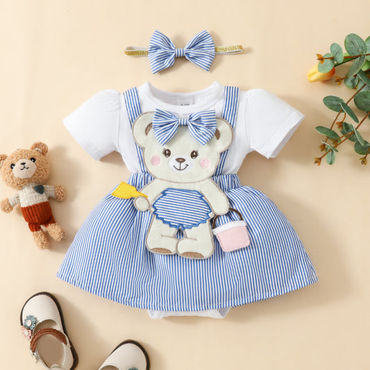 Baby Bear Embroidered Fake Suspender Skirt Short Sleeve Triangle Baby Dress