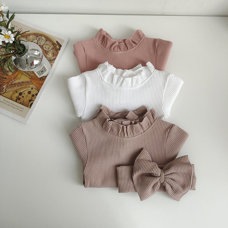 New Baby Girls' Autumn Sunken Stripe Long Sleeve Onesie & Hairband 2pc Set