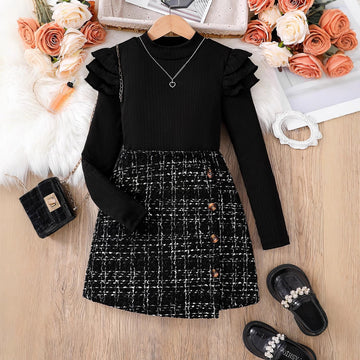 Girls' Long-sleeve Knitted Asymmetrical Skirt Set