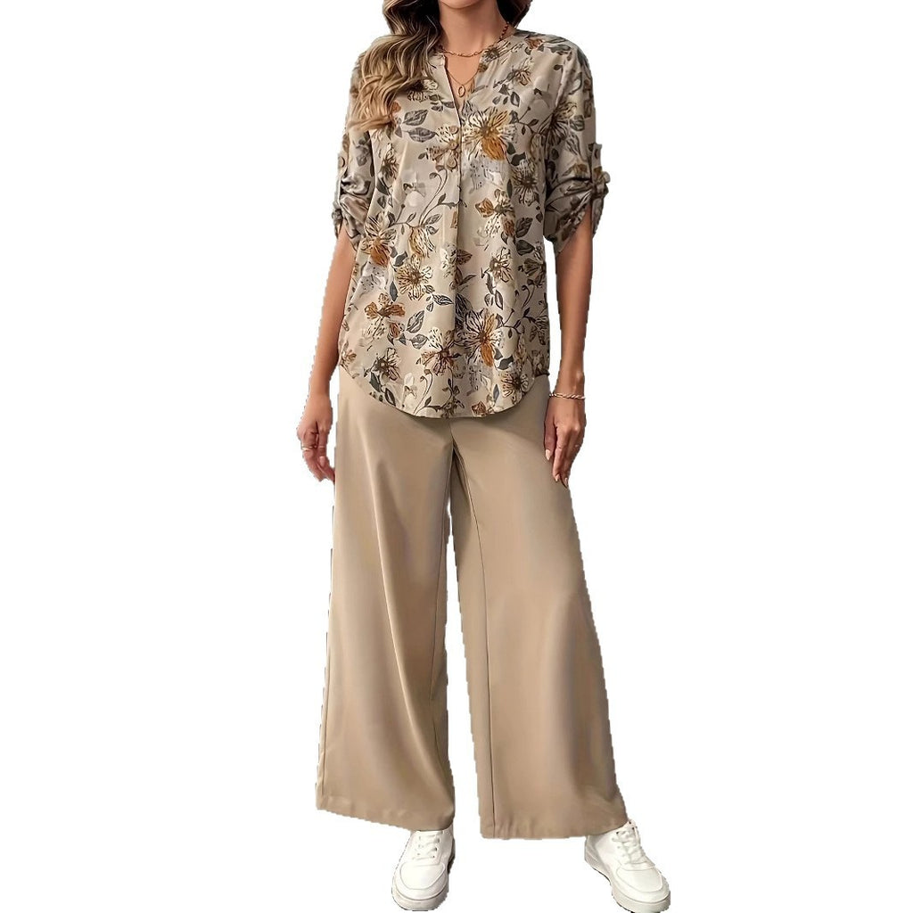 Khaki Printed Wide Leg Relaxed Casual Suit