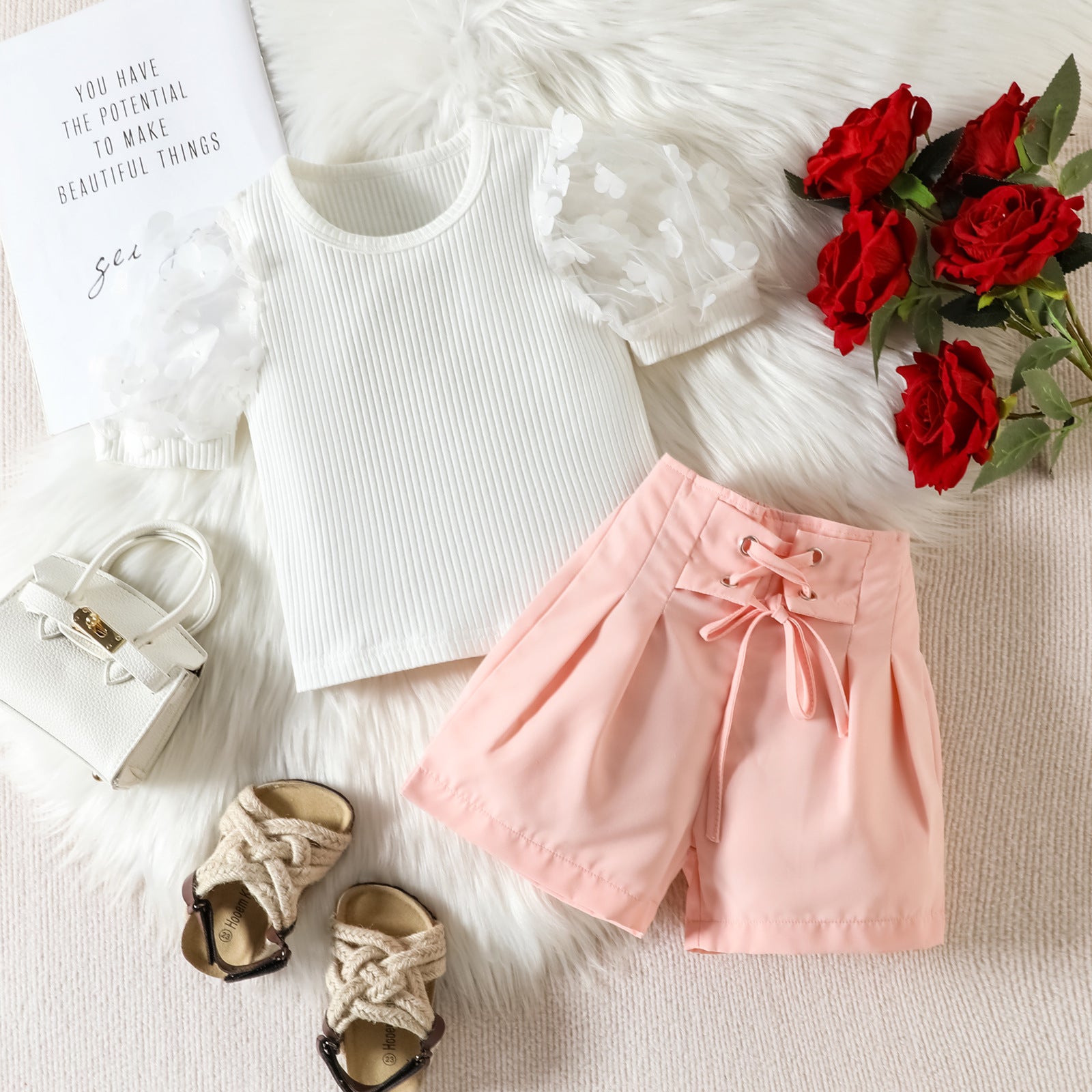 Girls' Summer Mesh Petals Short Sleeve Top & Shorts Set