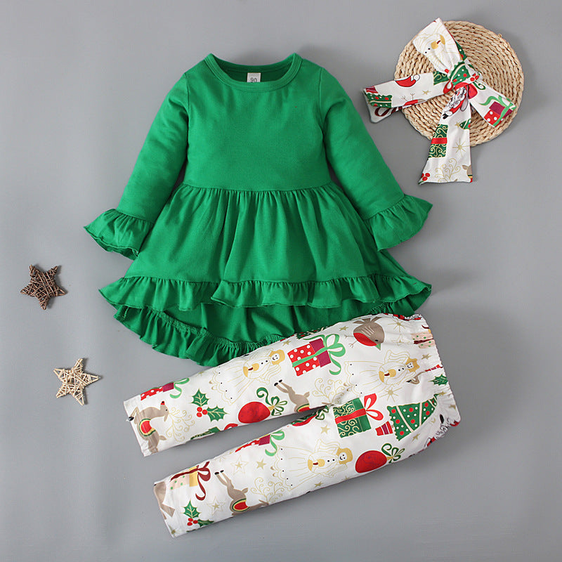 Girls' Christmas Dress, Printed Trousers, Hair Band 3 Pieces Set