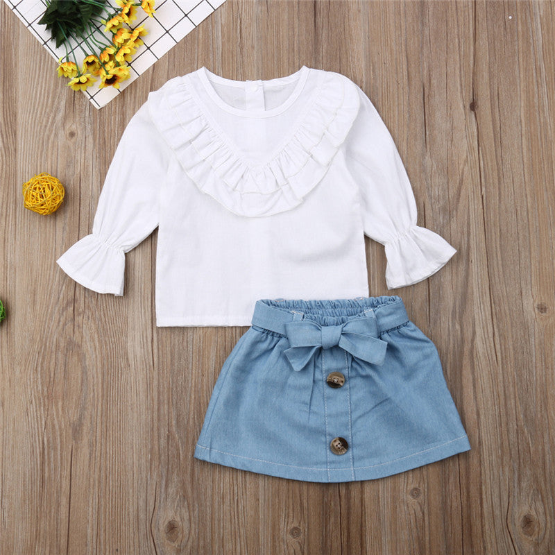 Children's Spring & Autumn Infant Toddler Fresh White Jersey Denim Skirt Suit